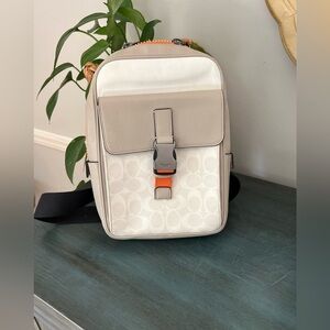 Coach White and Beige Signature Crossbody Backpack with Orange Accent